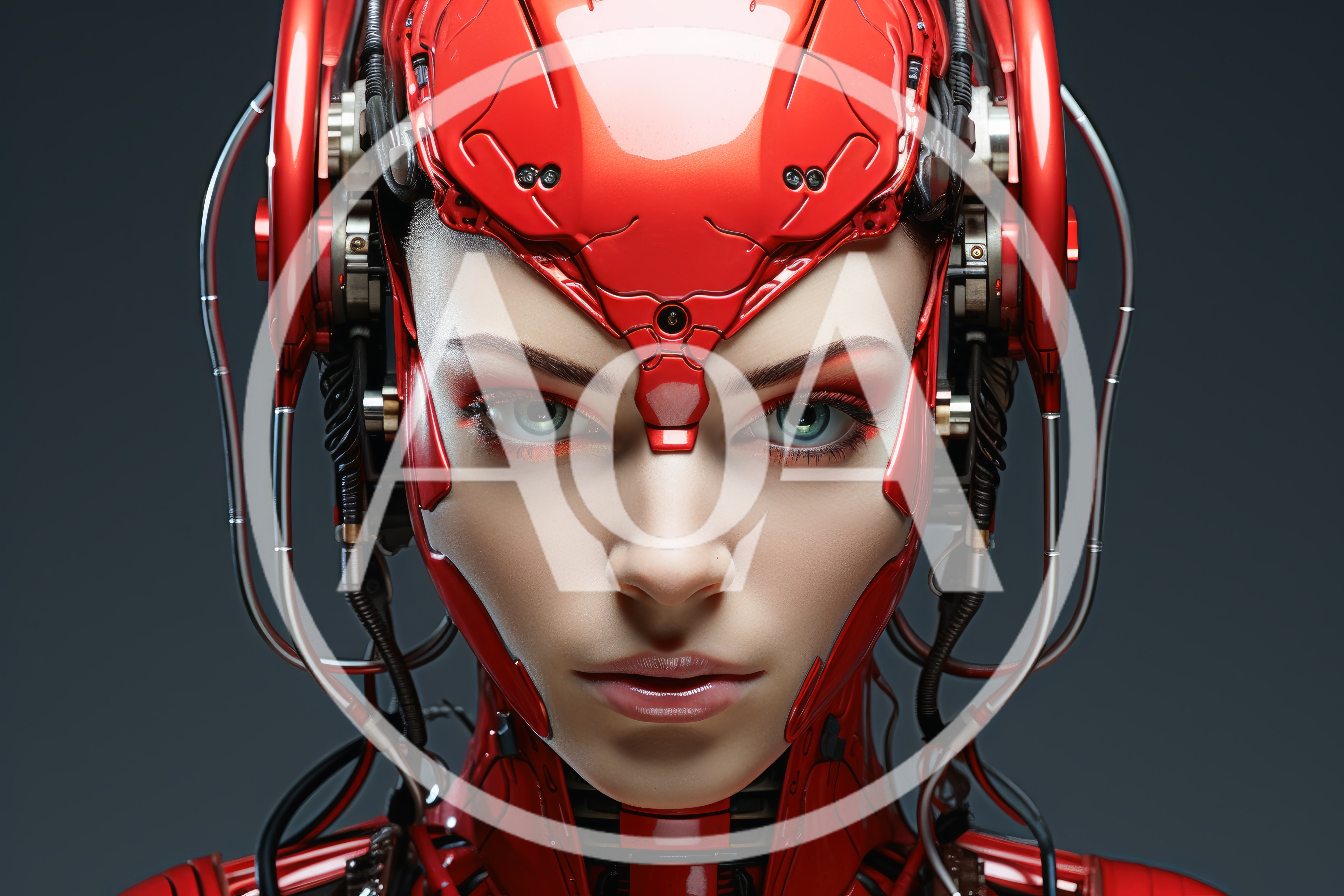 Cyborg Woman With Red Mechanical Headgear Portrait