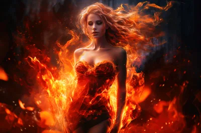 Ethereal Woman Surrounded By Intense Magical Fire