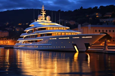 Luxury Superyacht Docked at Night in Coastal Town