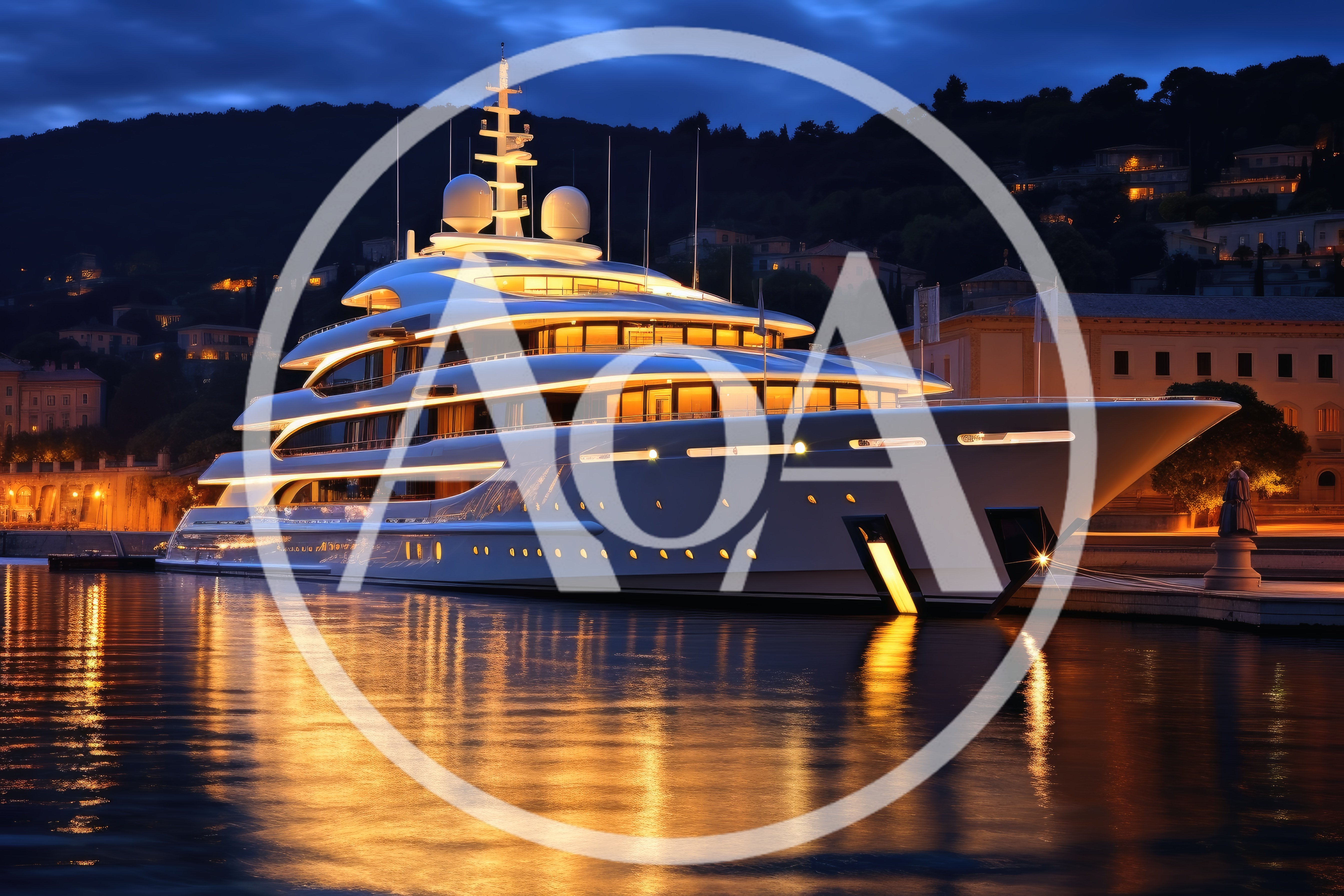 Luxury Superyacht Docked at Night in Coastal Town