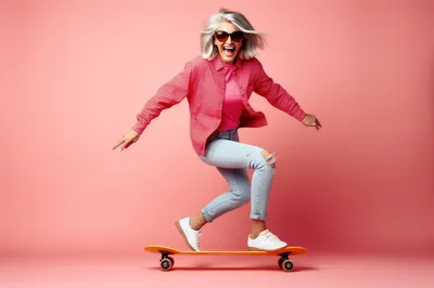 Stylish Senior Woman Skateboarding on Pink Background