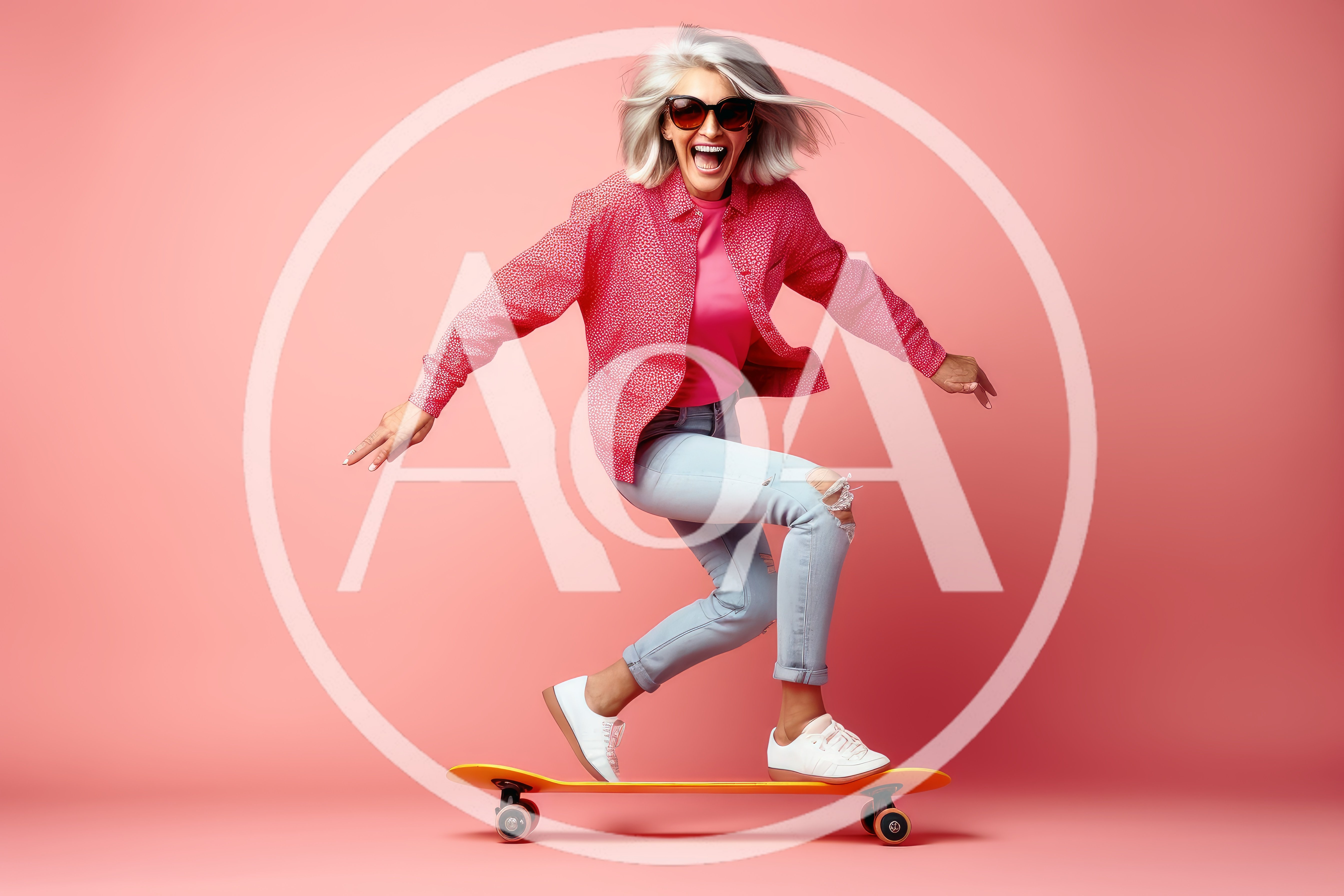 Stylish Senior Woman Skateboarding on Pink Background