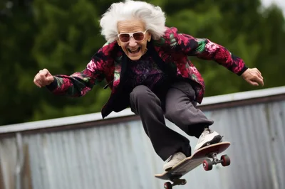 Elderly Woman Performing A Skateboard Jump