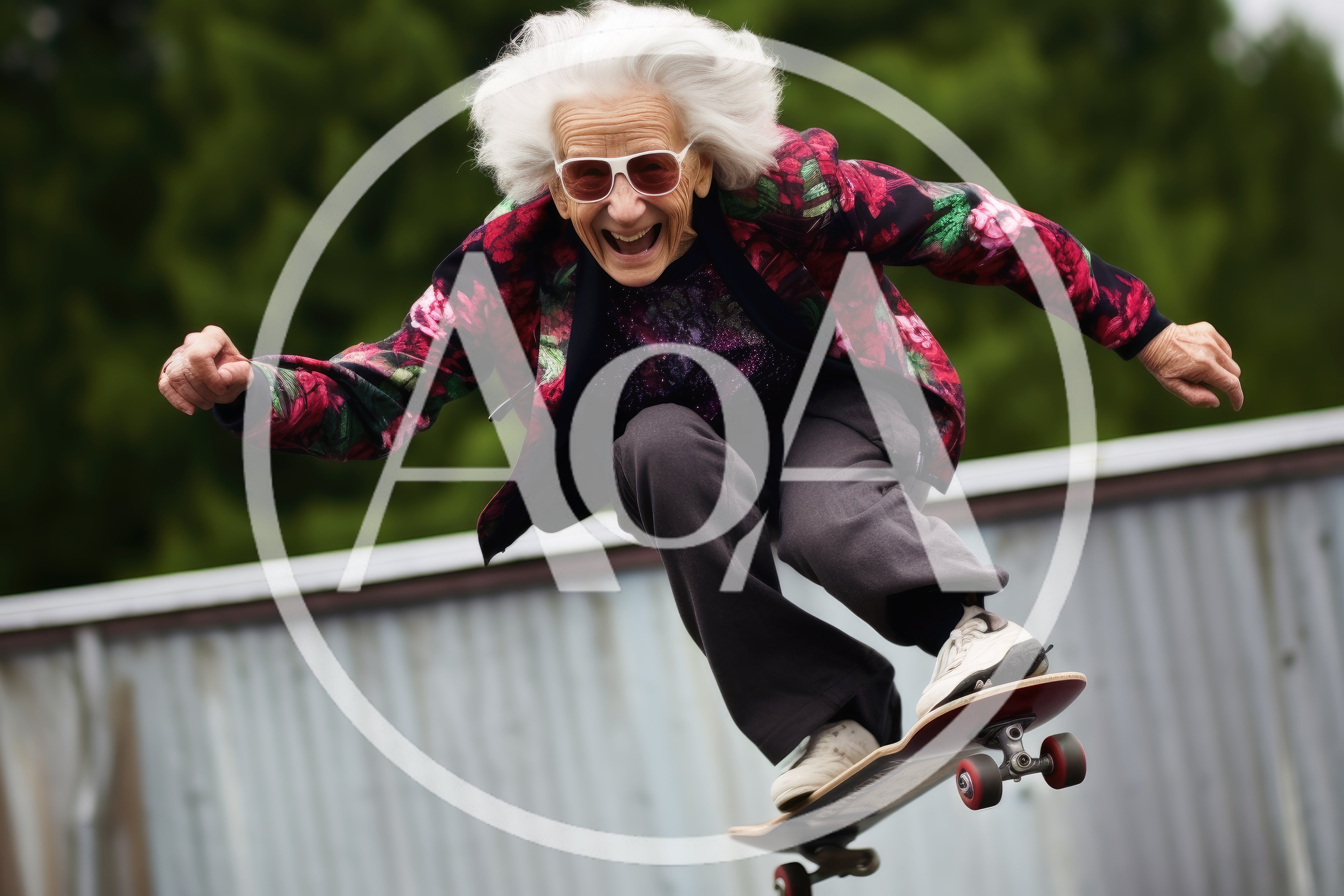 Elderly Woman Performing A Skateboard Jump
