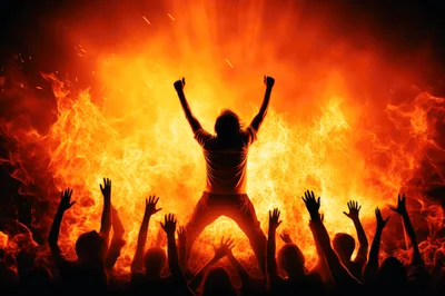 Crowd Cheering Before A Massive Wall Of Fire