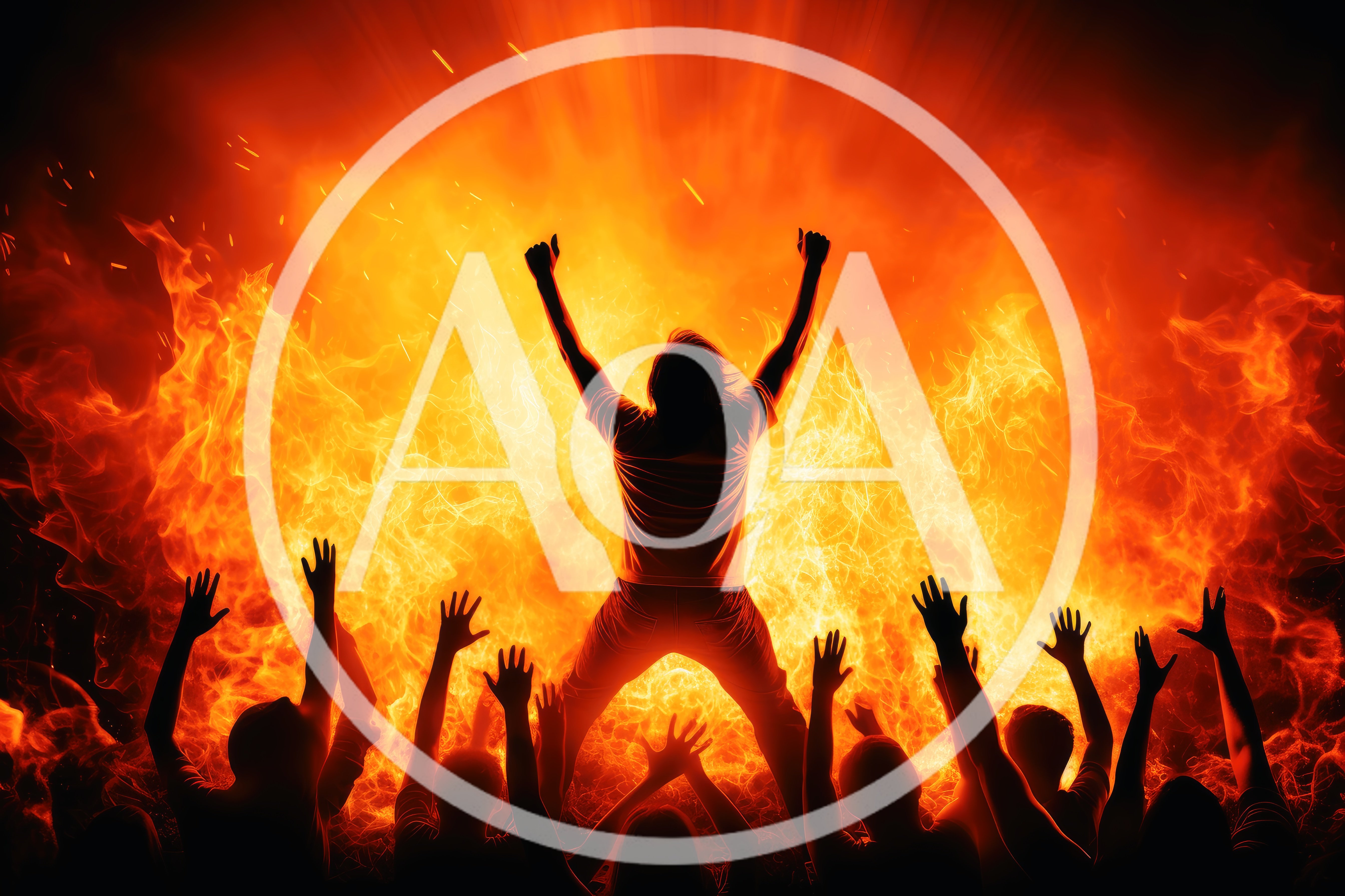 Crowd Cheering Before A Massive Wall Of Fire