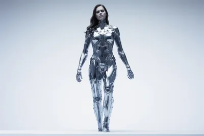 Futuristic Female Android Walking In Chrome Body Suit