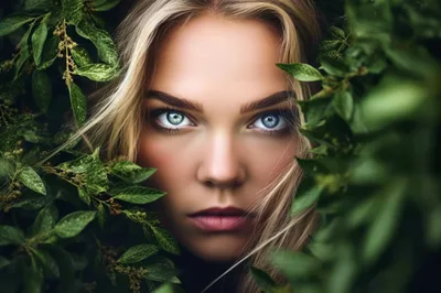 Portrait Of A Blonde Woman Surrounded By Green Foliage