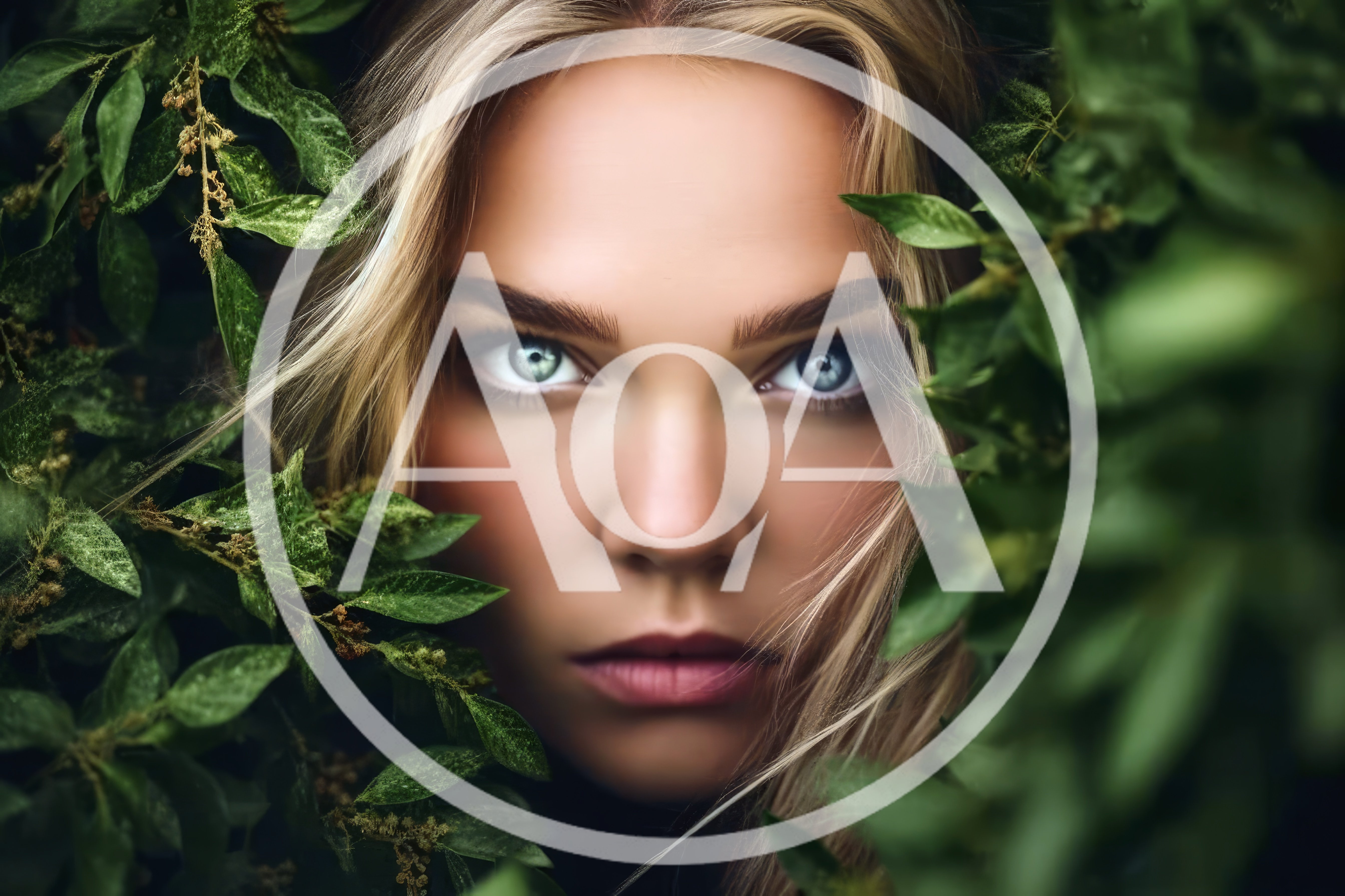 Portrait Of A Blonde Woman Surrounded By Green Foliage