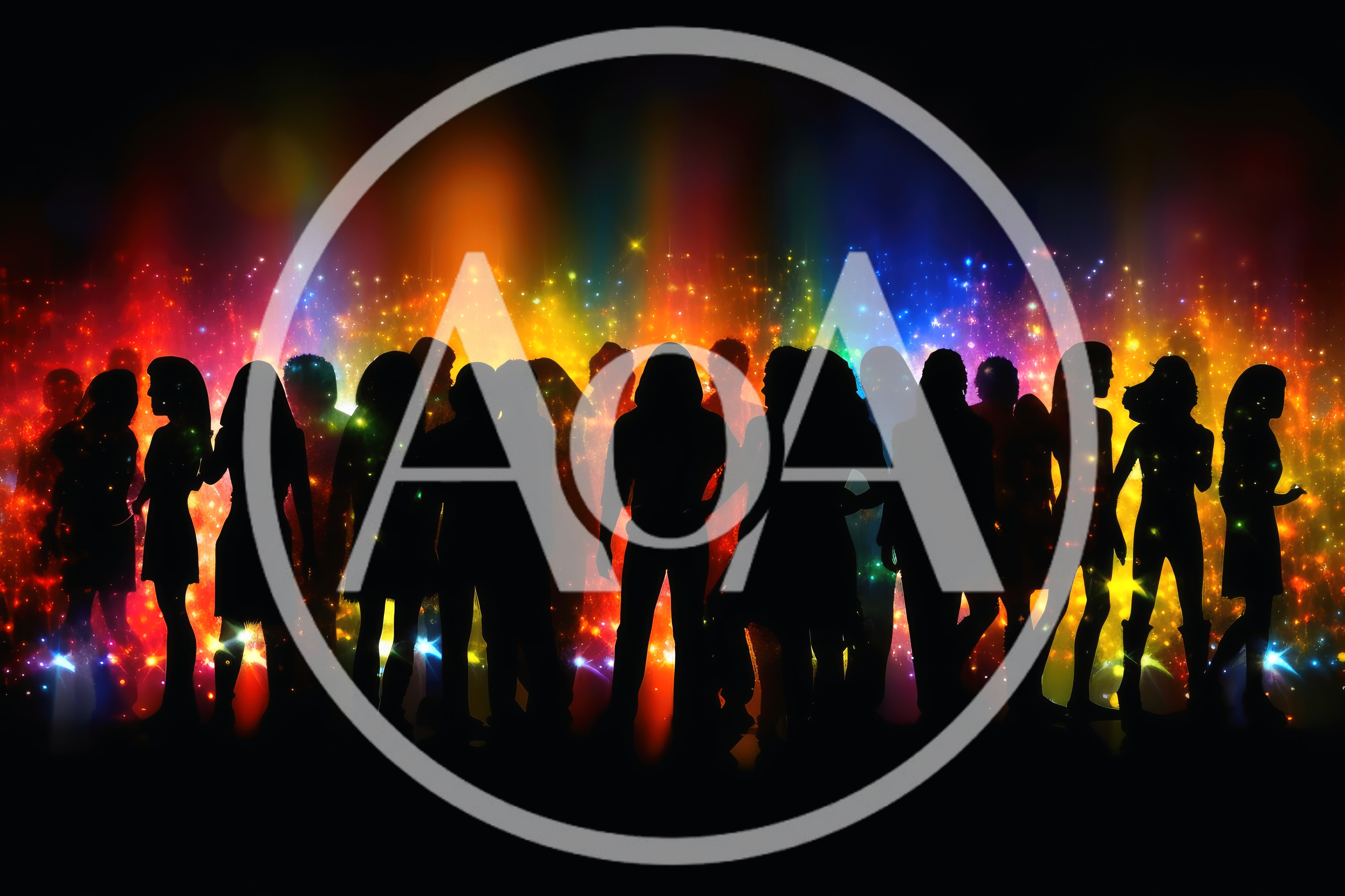 Silhouetted Crowd Dancing Against Vibrant Colorful Light Background