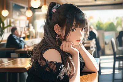 Anime Style Young Woman Sitting In A Cafe