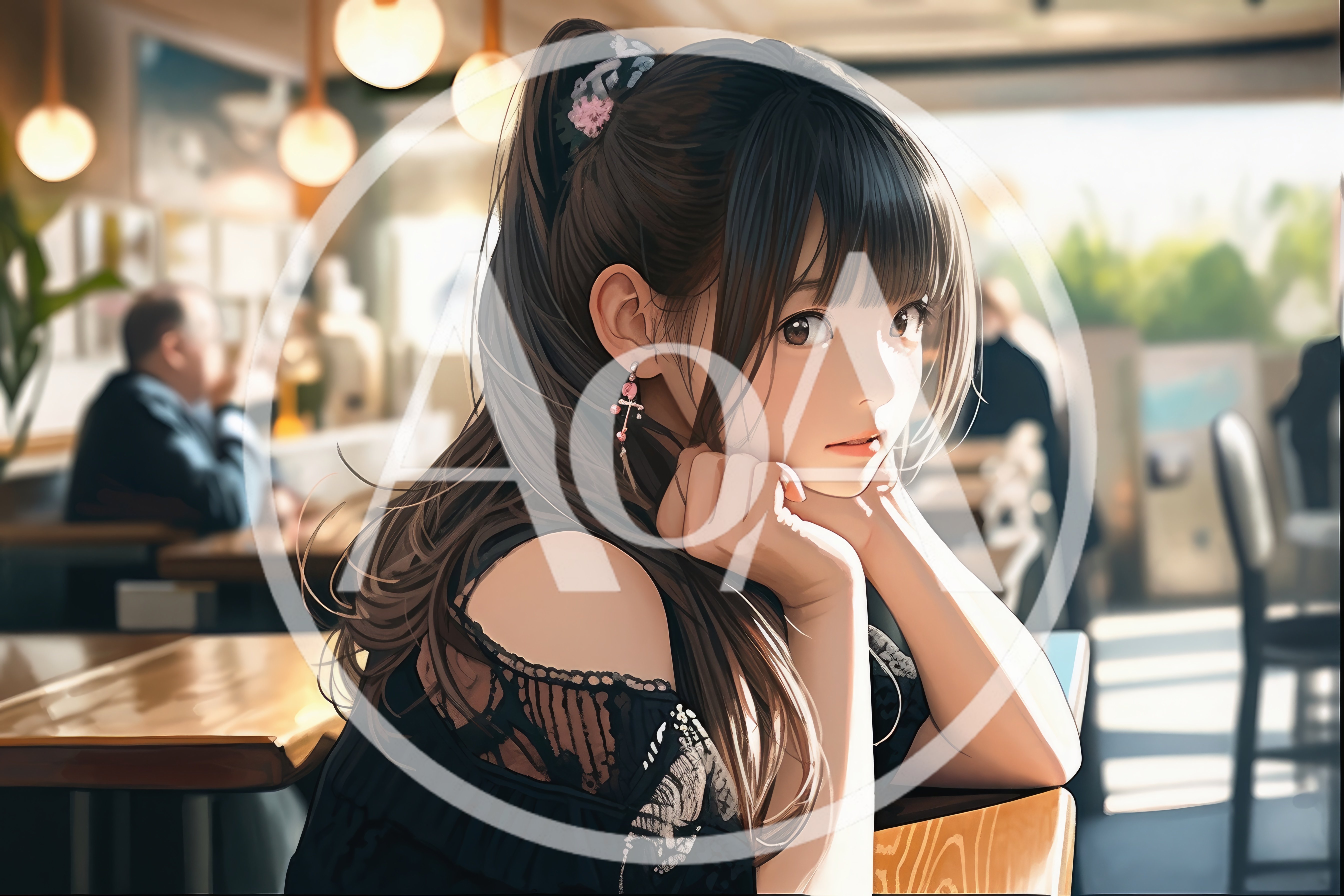 Anime Style Young Woman Sitting In A Cafe