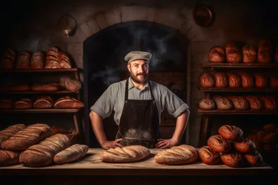 Professional Baker Standing In A Traditional Rustic Bakery