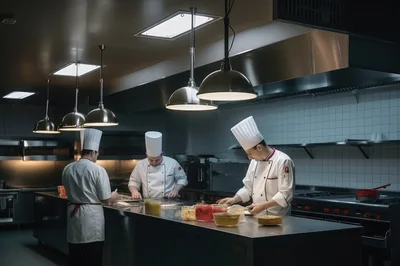 Professional Chefs Preparing Food In A Commercial Kitchen