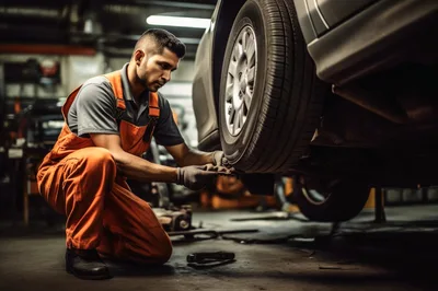 Mechanic Inspecting Car Tire In Auto Repair Shop