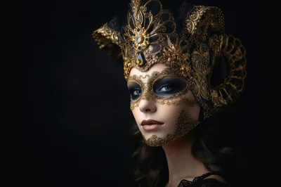 Portrait Of A Woman Wearing An Ornate Venetian Mask