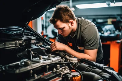 Professional Mechanic Repairing Car Engine In Workshop