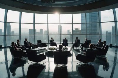 Corporate Executives In A Circular Boardroom Meeting