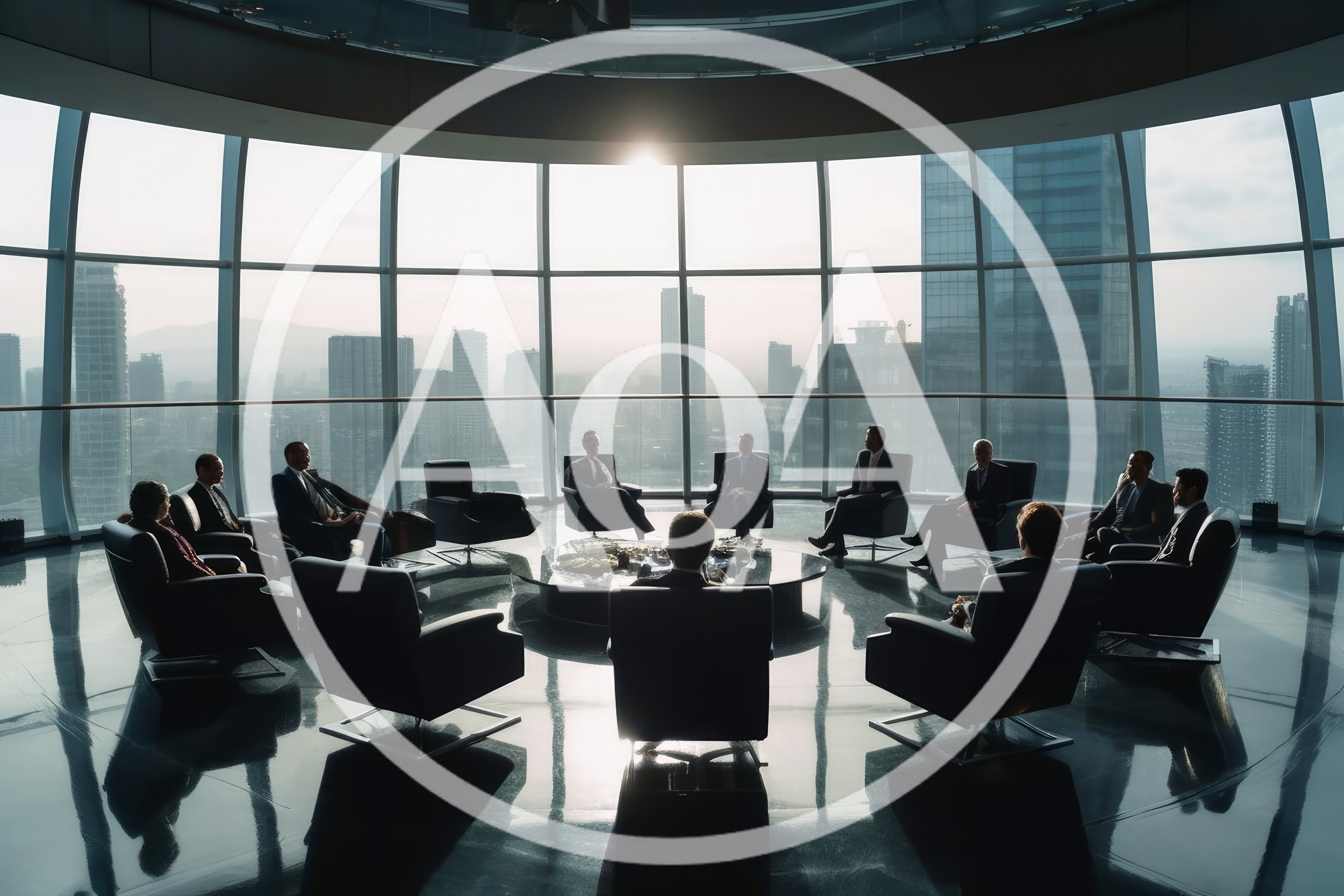 Corporate Executives In A Circular Boardroom Meeting