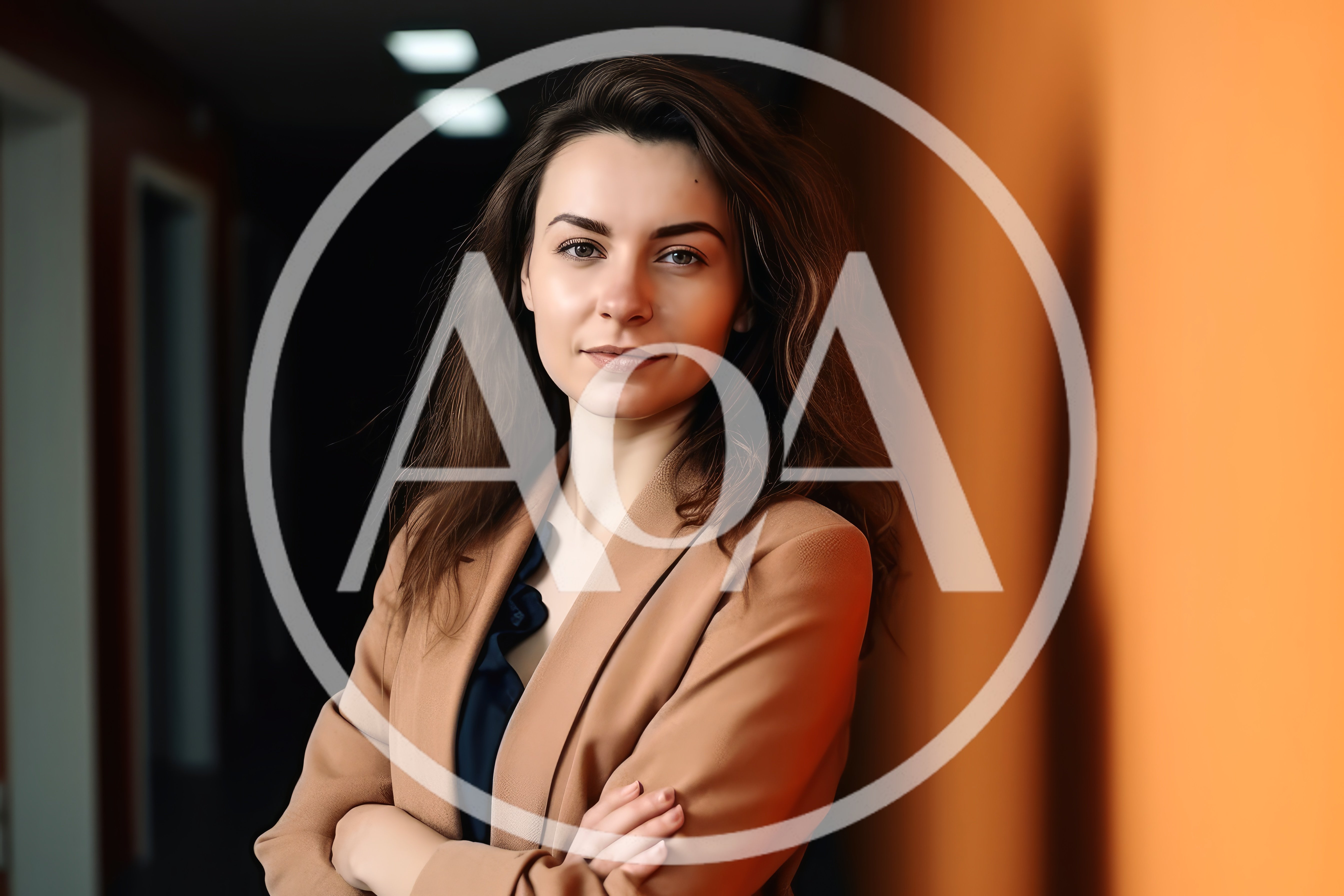 Professional Woman Standing In A Modern Office Hallway