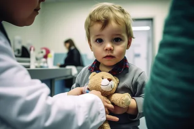 Pediatrician Examining A Young Child With A Teddy Bear