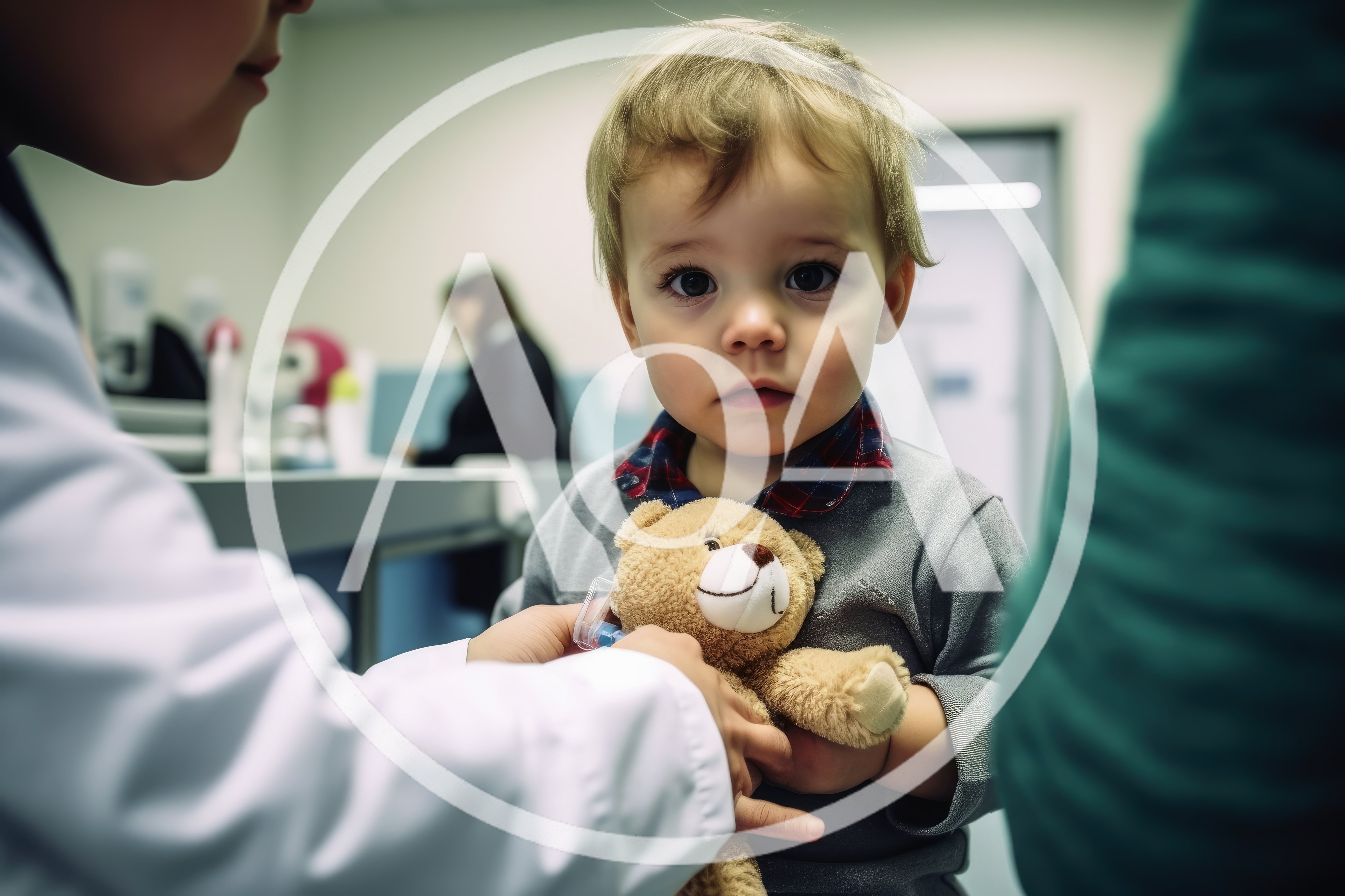 Pediatrician Examining A Young Child With A Teddy Bear
