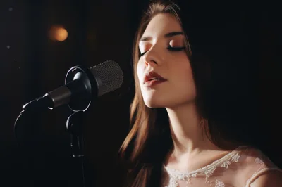 Young Woman Singing Into A Professional Studio Microphone