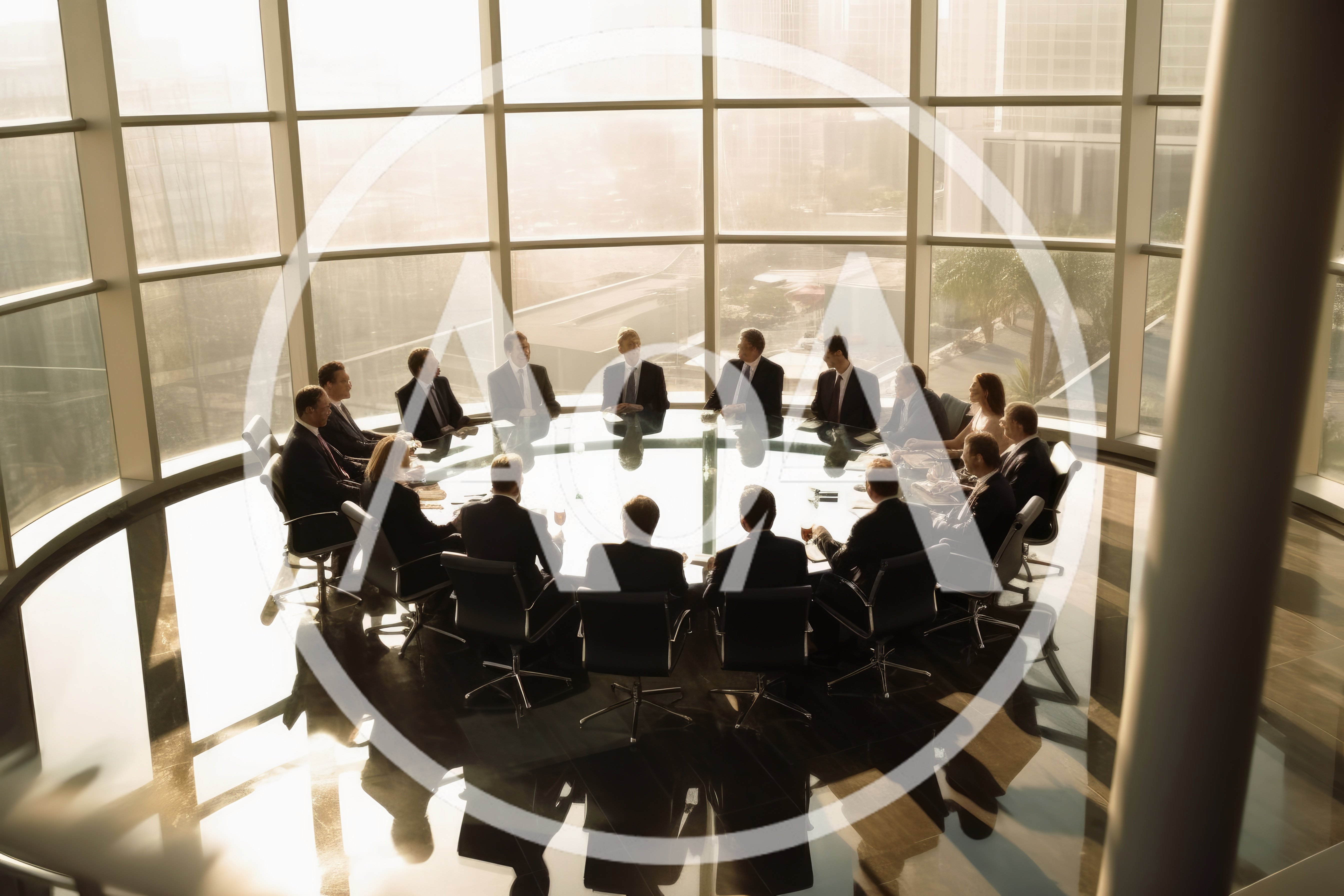 Corporate Executives Meeting Around A Large Glass Boardroom Table
