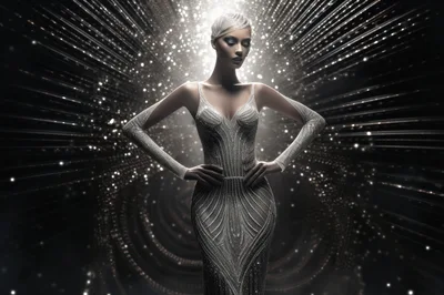 Elegant Woman In Sparkling Silver Evening Gown