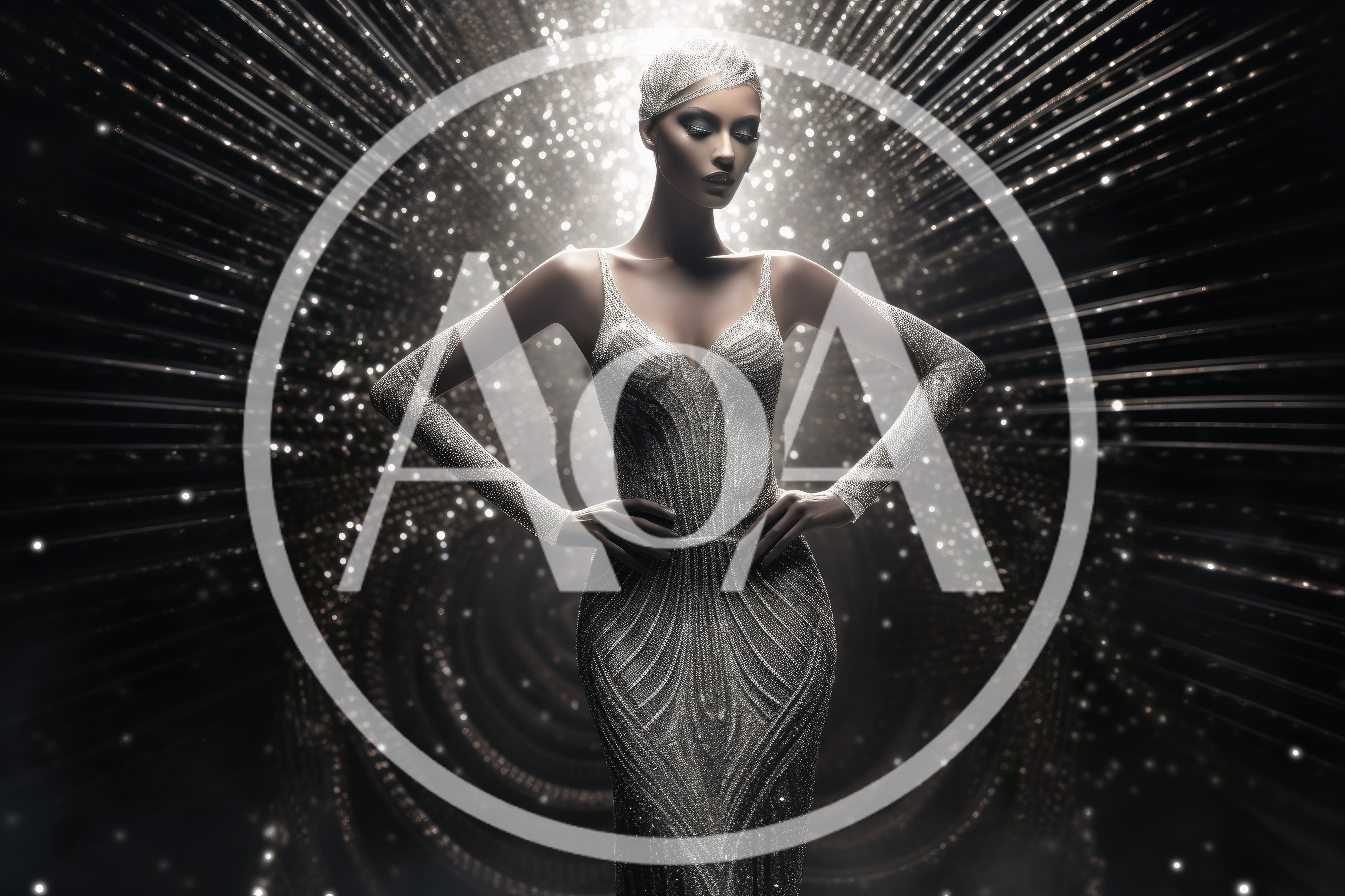 Elegant Woman In Sparkling Silver Evening Gown