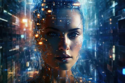 Digital Human Face With Cybernetic Circuitry Overlay