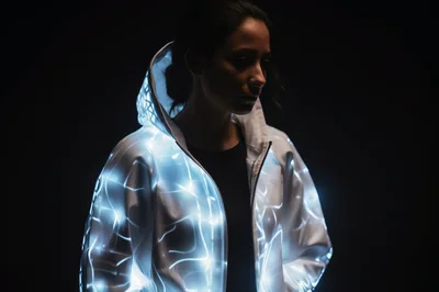 Woman Wearing Futuristic Glowing Light Up Jacket