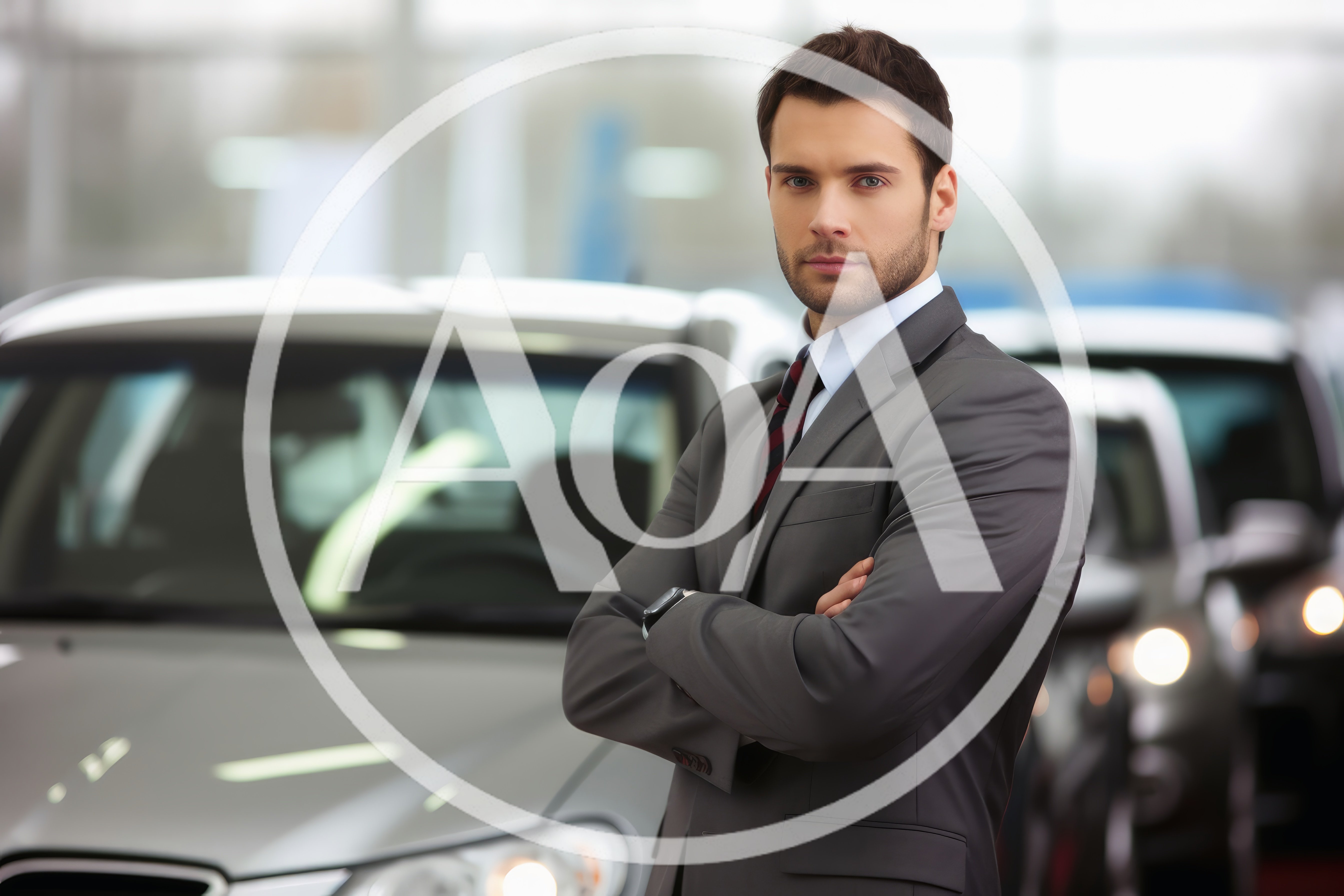 Professional Car Salesman Standing In A Dealership Showroom