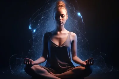 Woman Meditating With Glowing Digital Energy Field