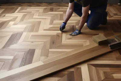 Professional Flooring Contractor Installing Herringbone Wood Parquet