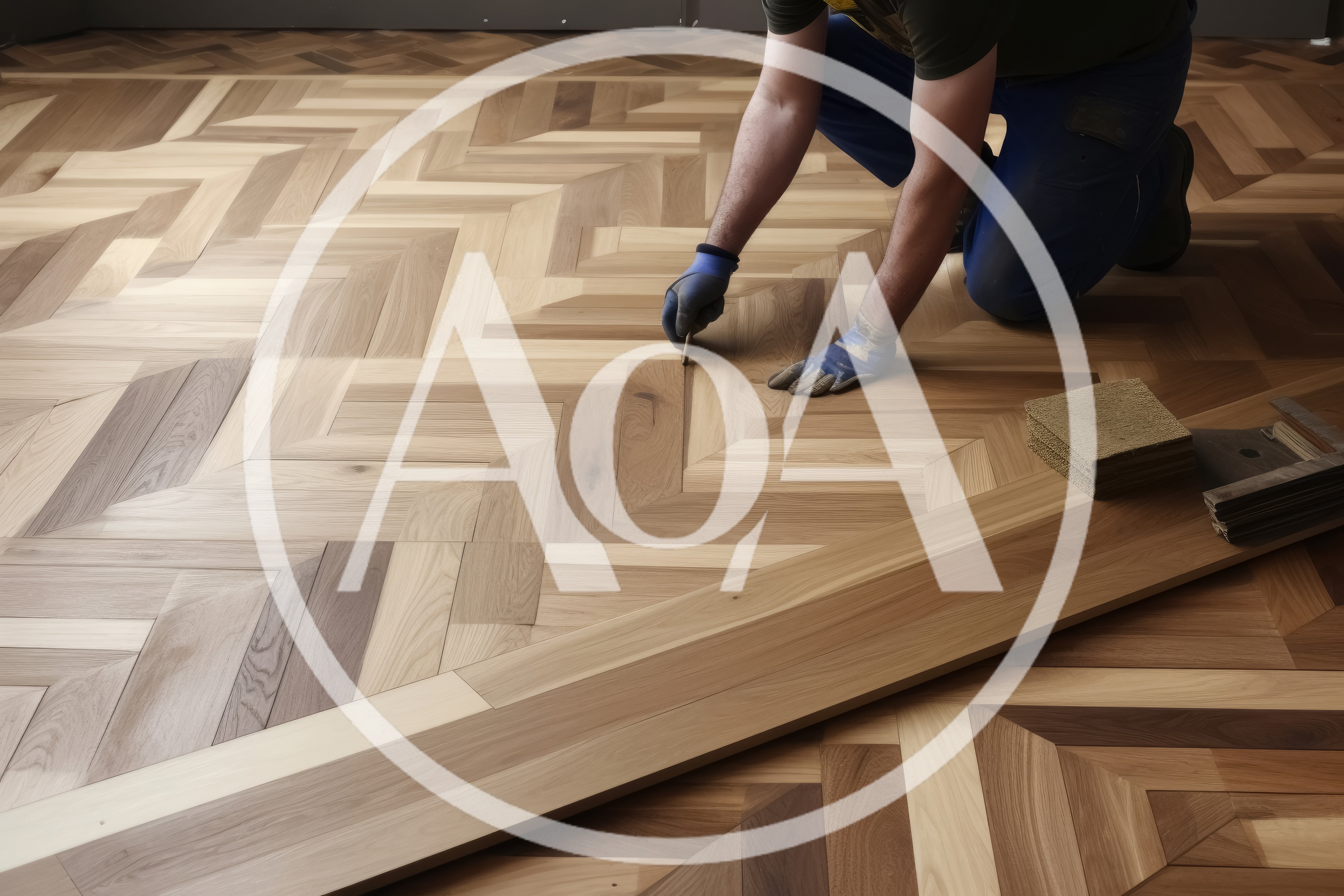 Professional Flooring Contractor Installing Herringbone Wood Parquet