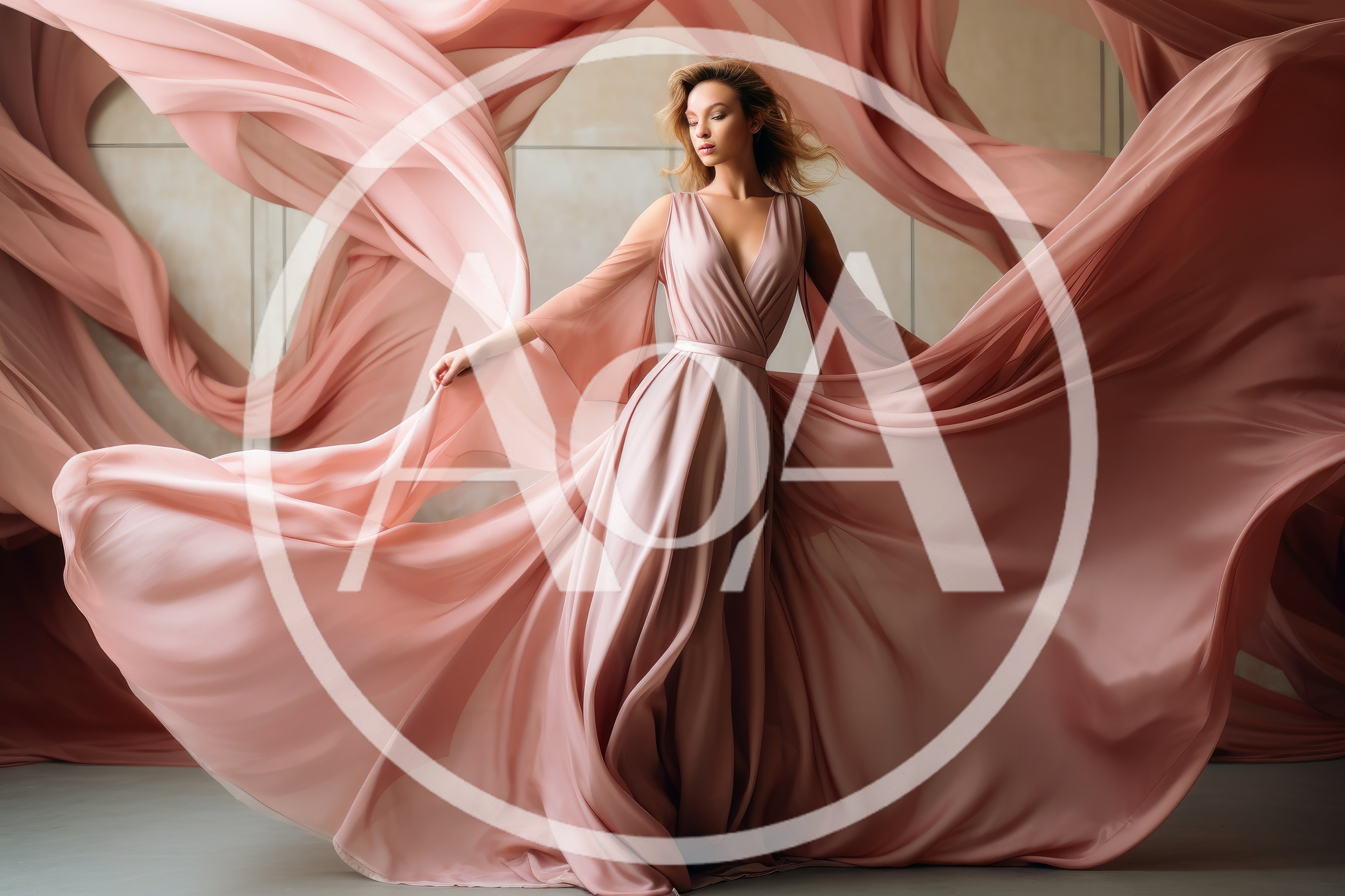Elegant Woman In Flowing Pink Silk Dress