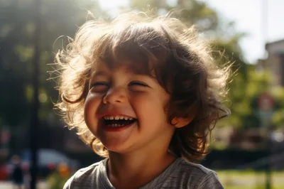 Happy Toddler Laughing Outdoors In Golden Hour Sunlight