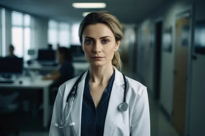 Female Doctor Standing In A Modern Hospital Corridor
