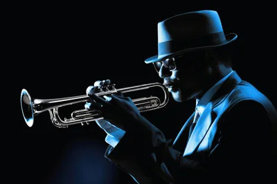 Jazz Musician Playing Trumpet In Blue Lighting