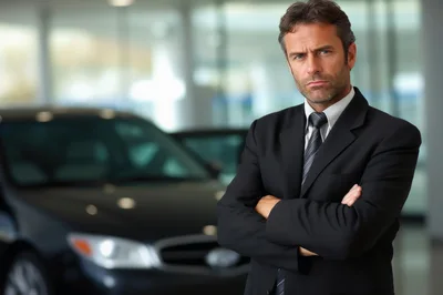 Serious Car Salesman Standing In A Dealership Showroom