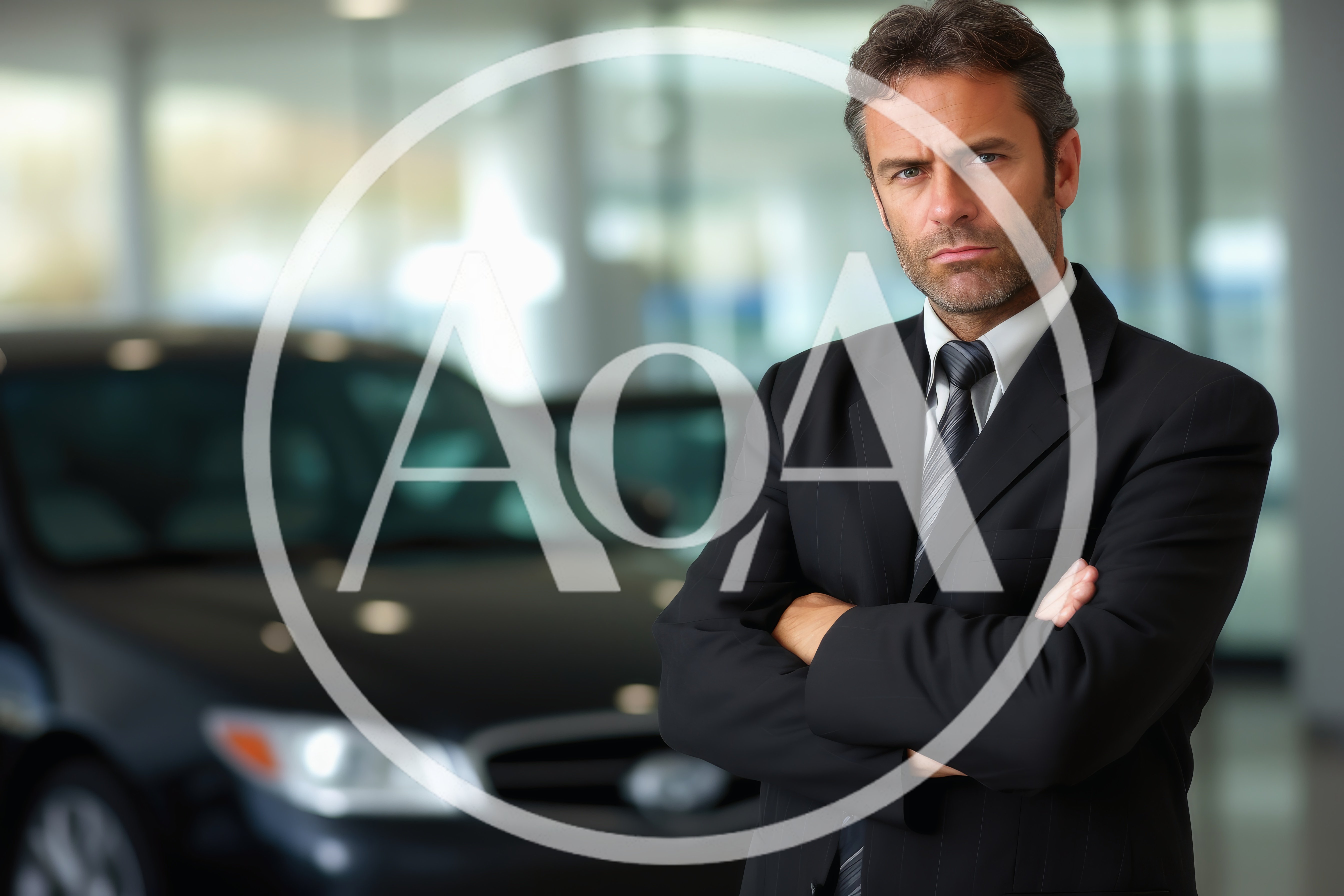 Serious Car Salesman Standing In A Dealership Showroom