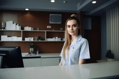 Professional Receptionist Standing Behind A Modern Medical Office Desk