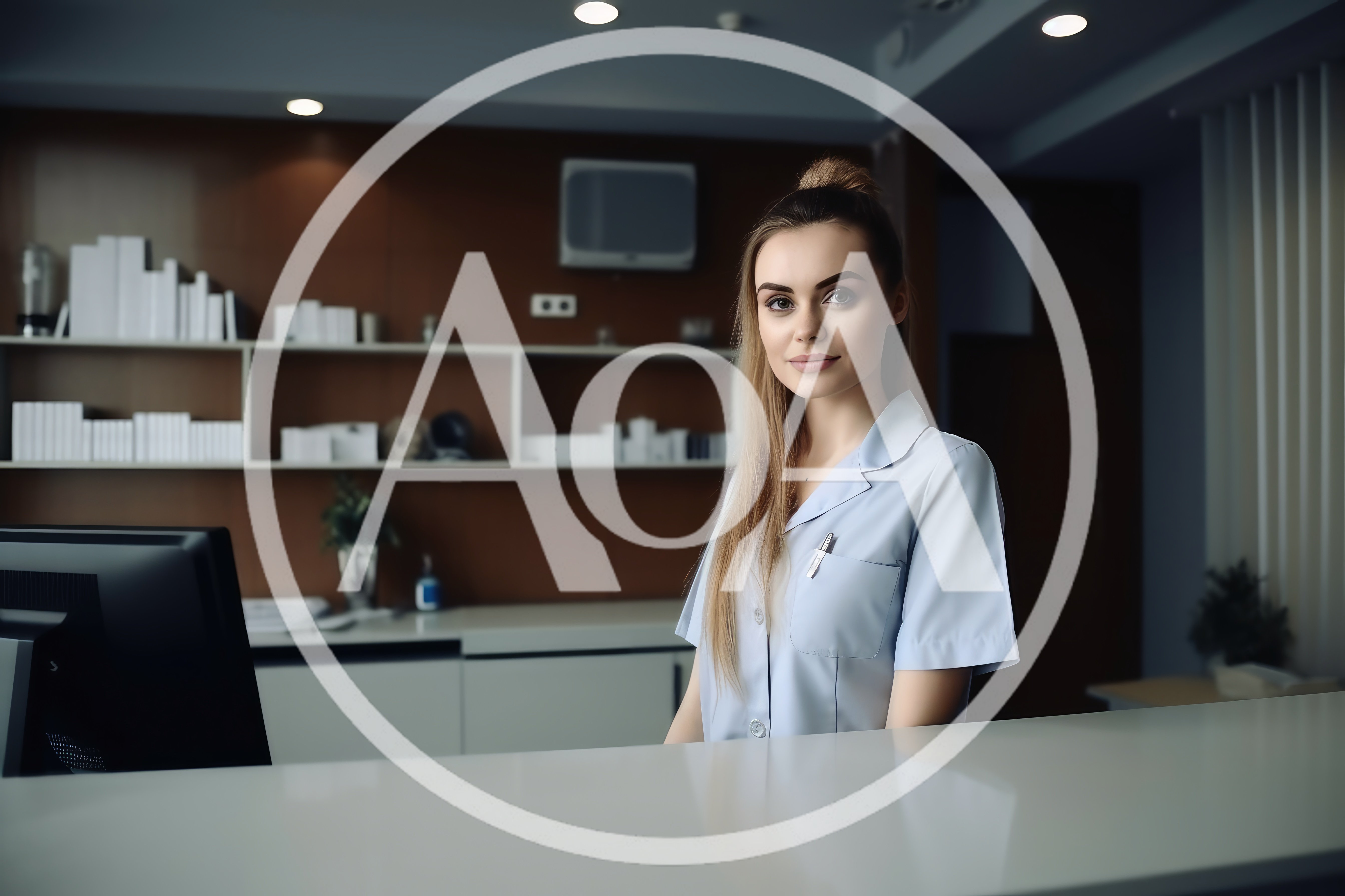 Professional Receptionist Standing Behind A Modern Medical Office Desk
