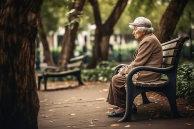 Elderly Woman Sitting Alone on a Park Bench