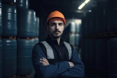 Warehouse Worker Standing With Arms Crossed In Industrial Facility