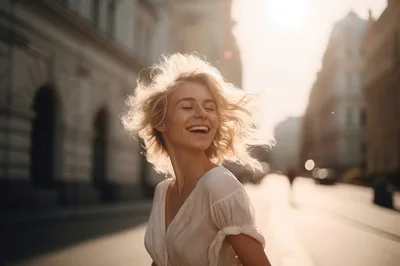 Happy Young Woman Walking Through Sunny City Street