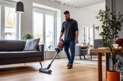 Man Cleaning Hardwood Floor With Cordless Vacuum