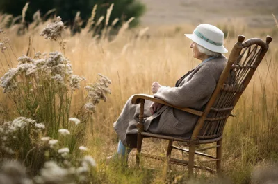 Elderly Woman Sitting In A Wicker Chair In A Field