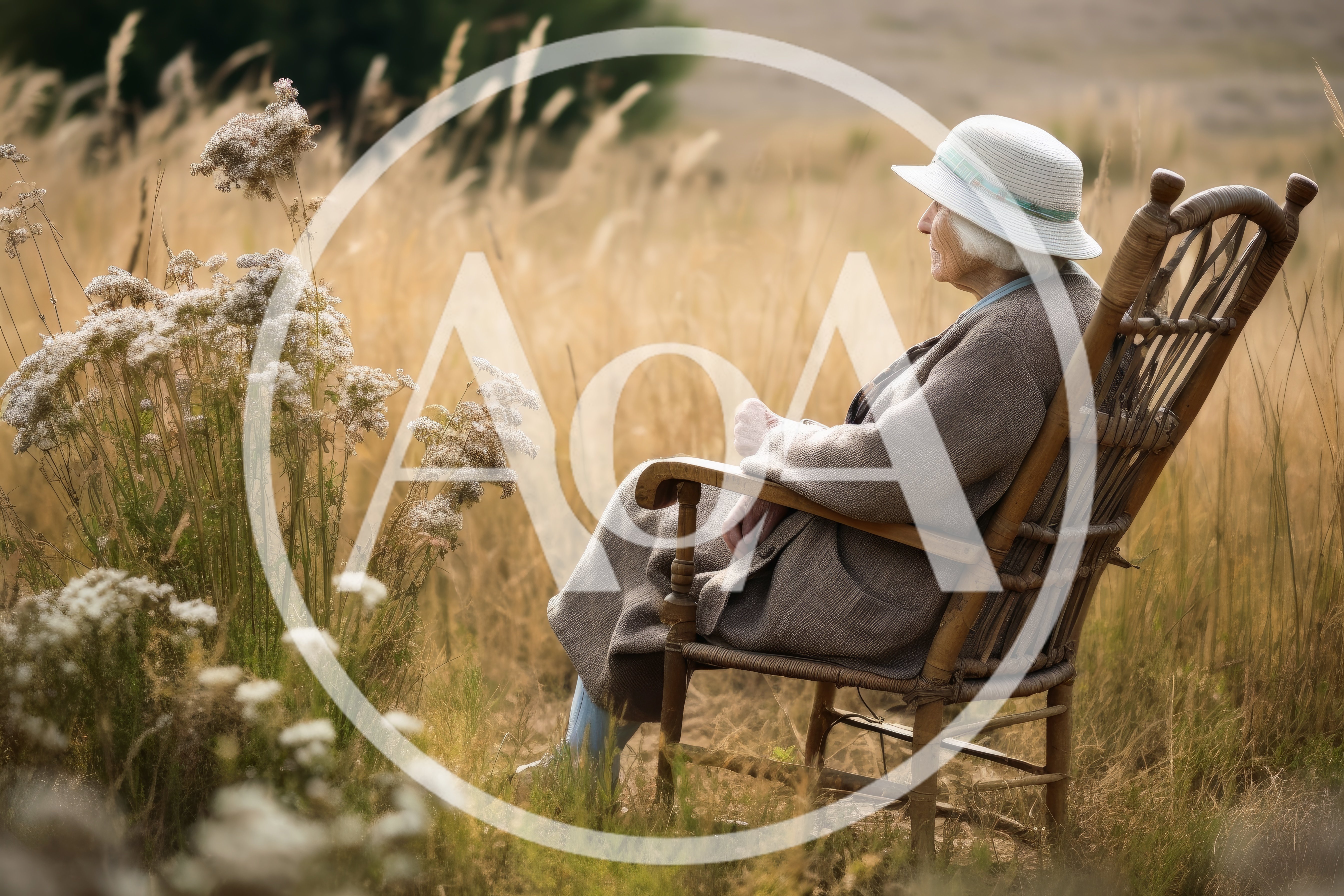 Elderly Woman Sitting In A Wicker Chair In A Field